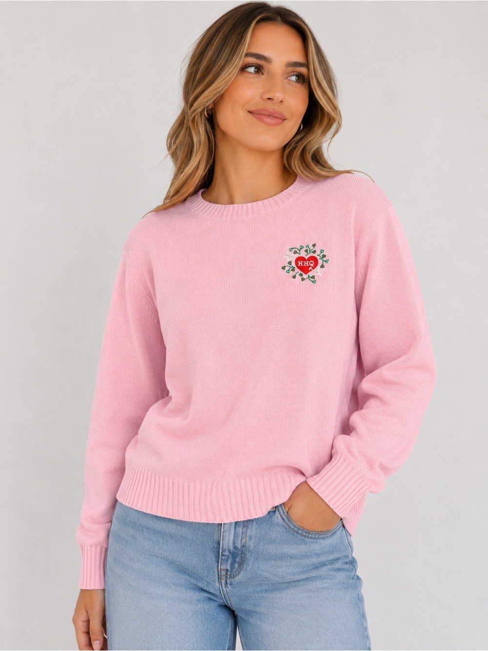 Kiel James Patrick Pink Embroidered Heart Crewneck Sweater XL